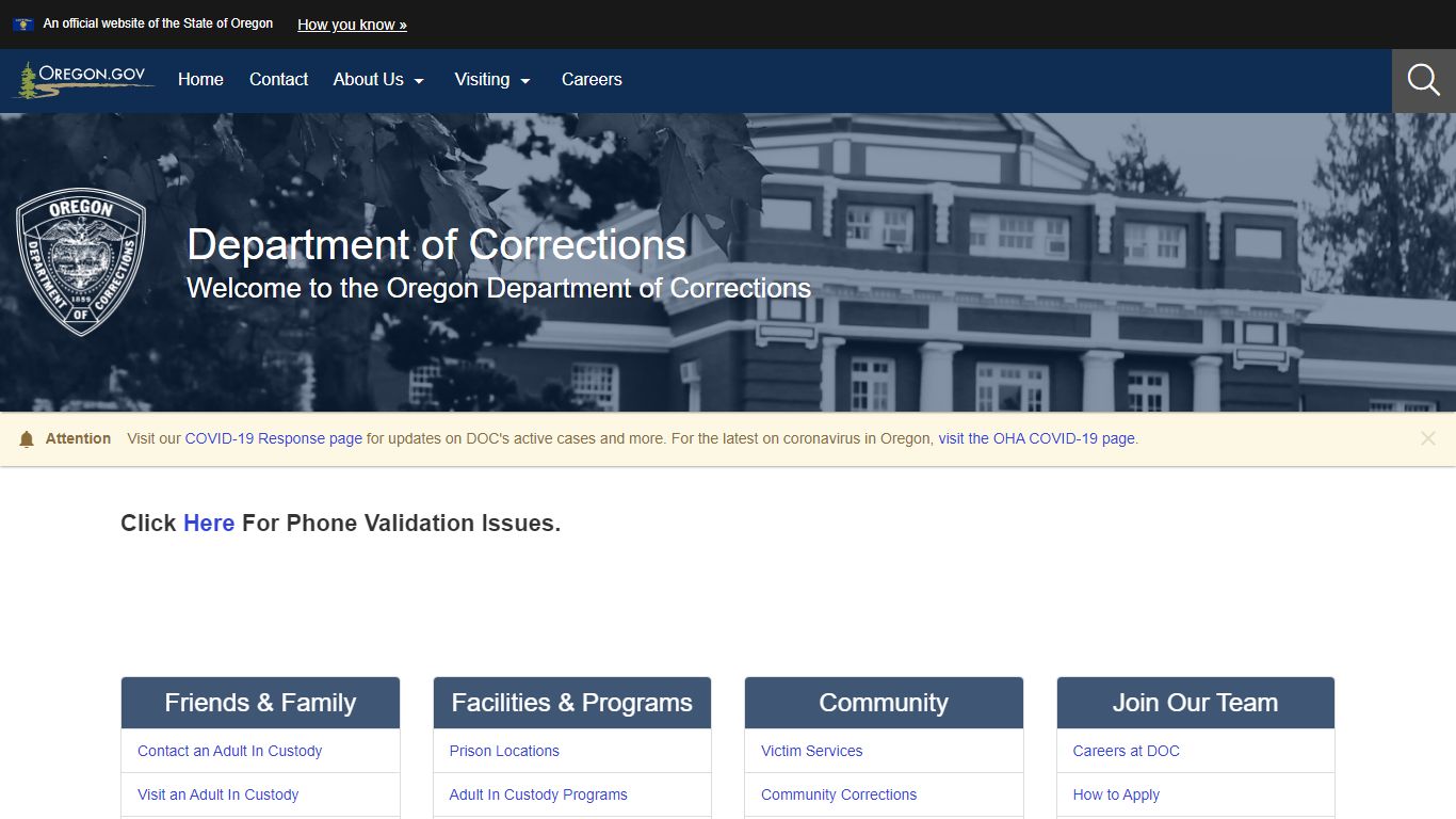 Department of Corrections : Welcome Page : State of Oregon