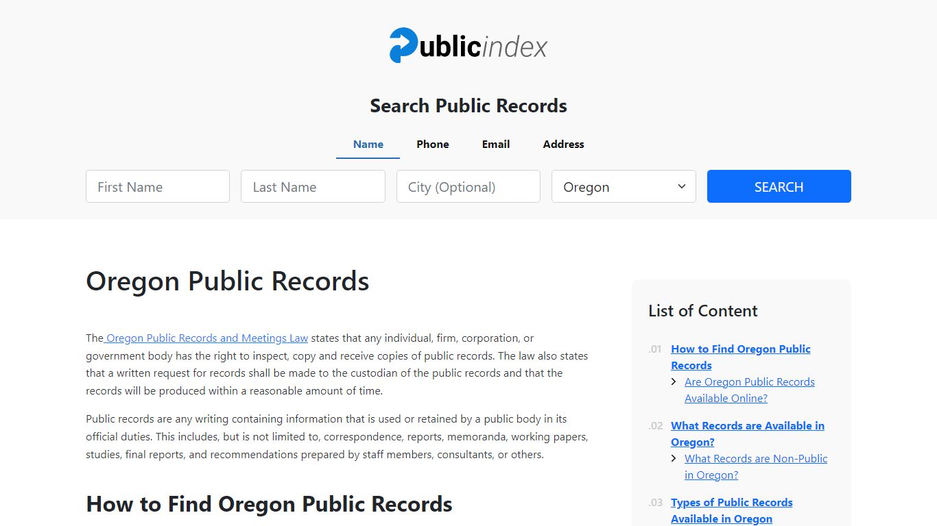 Oregon Public Records Online - ThePublicIndex